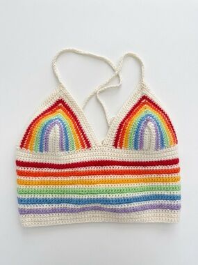 Handmade Crochet Rainbow Bralette Crop Top | Adjustable Tie Back Festival